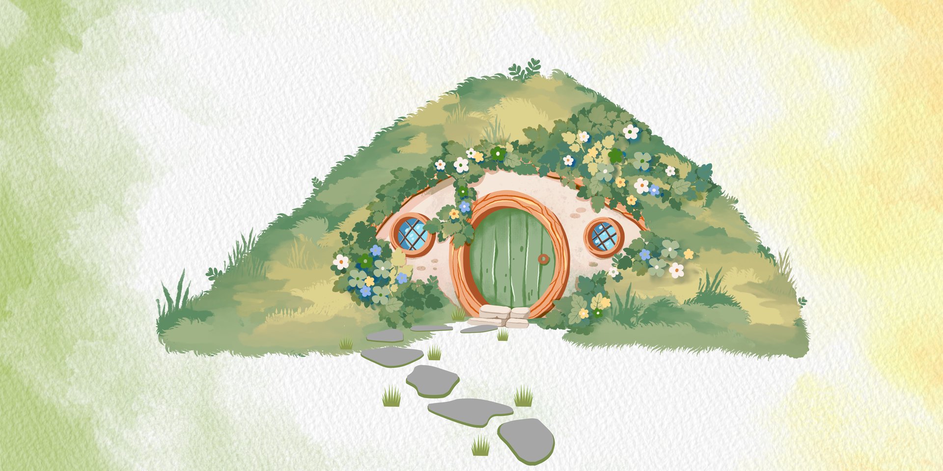 Hobbit-themed wedding banner with rustic countryside scene